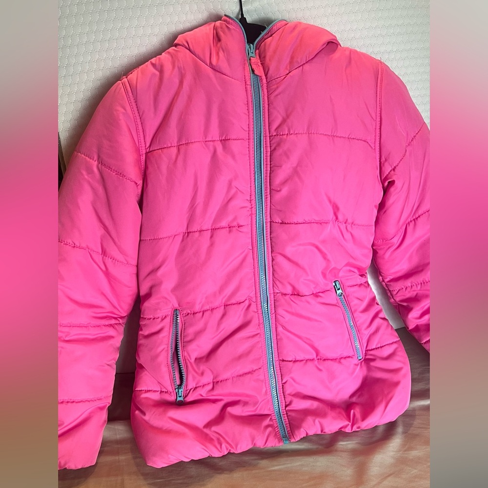 Pink Hooded Jacket with Blue Lining - Size 16